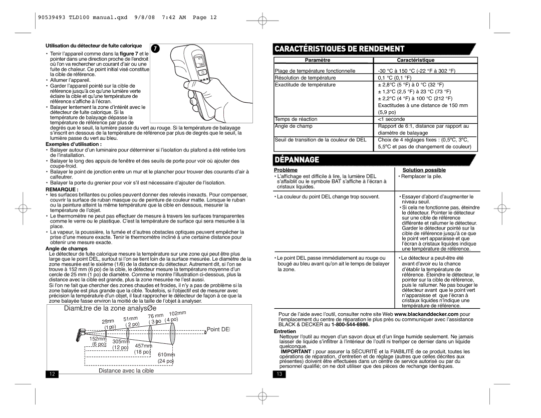 Black & Decker TLD100 Caractéristiques DE Rendement, Dépannage, Paramètre Caractéristique, Problème Solution possible 