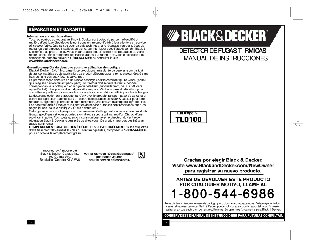 Black & Decker TLD100 instruction manual Réparation ET Garantie, Information sur les réparations 