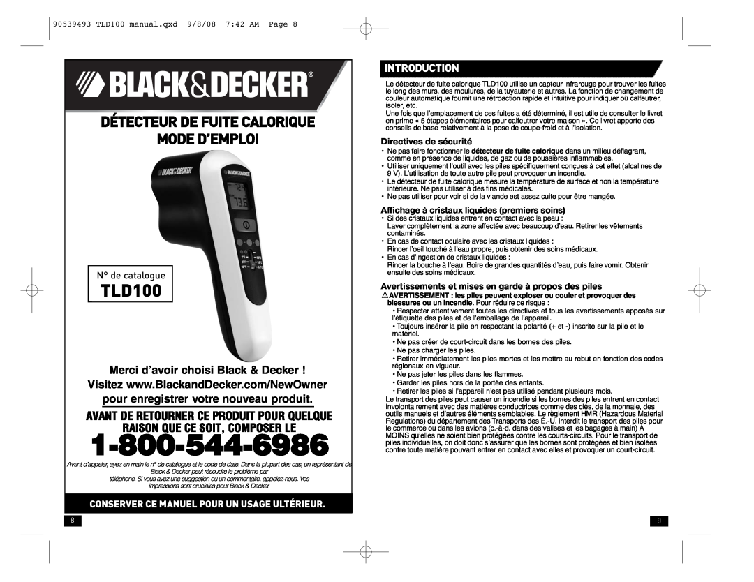 Black & Decker TLD100 Détecteur De Fuite Calorique Mode D’Emploi, Merci d’avoir choisi Black & Decker, N de catalogue 