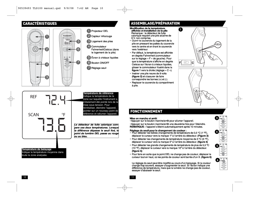 Black & Decker TLD100 instruction manual Caractéristiques, Assemblage/Préparation, Fonctionnement, Température de balayage 