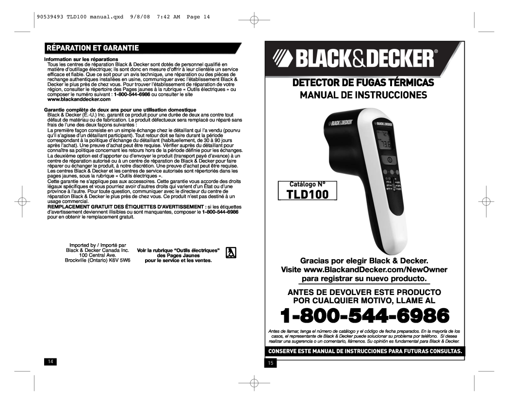 Black & Decker TLD100 Detector De Fugas Térmicas Manualdeinstrucciones, Réparation Et Garantie, Catálogo N 