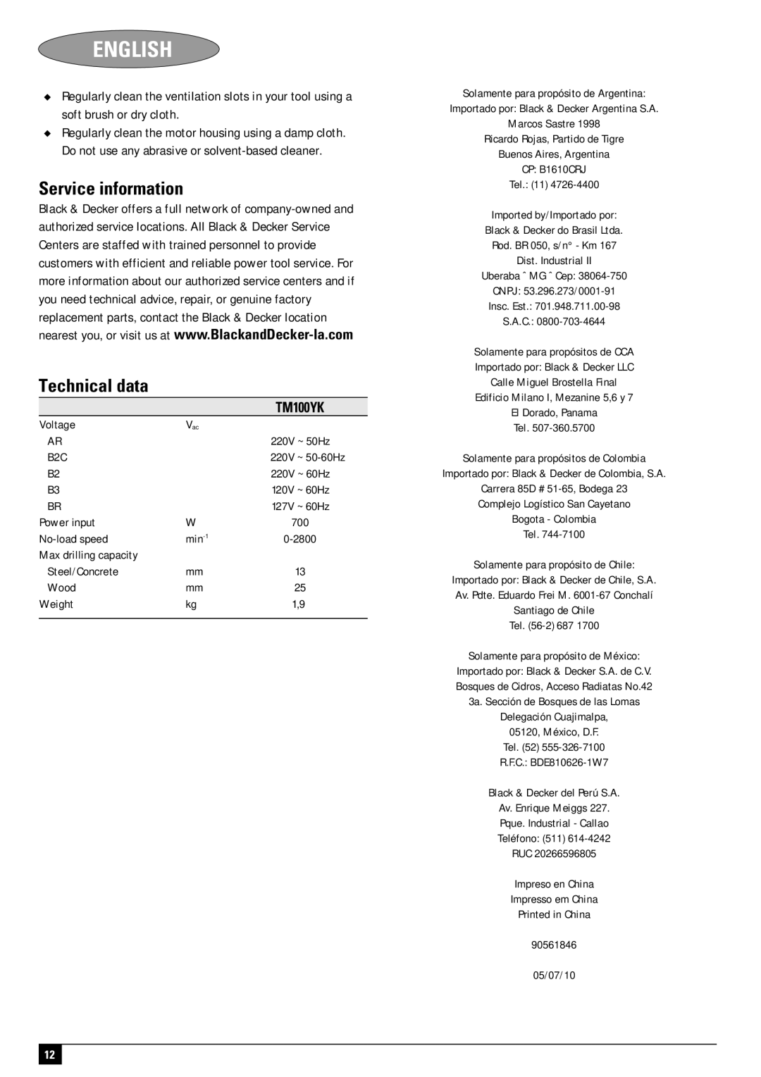 Black & Decker KR55CRE, TM100YK-B2C Service information Technical data, Tel -2 687 Solamente para propósito de México 