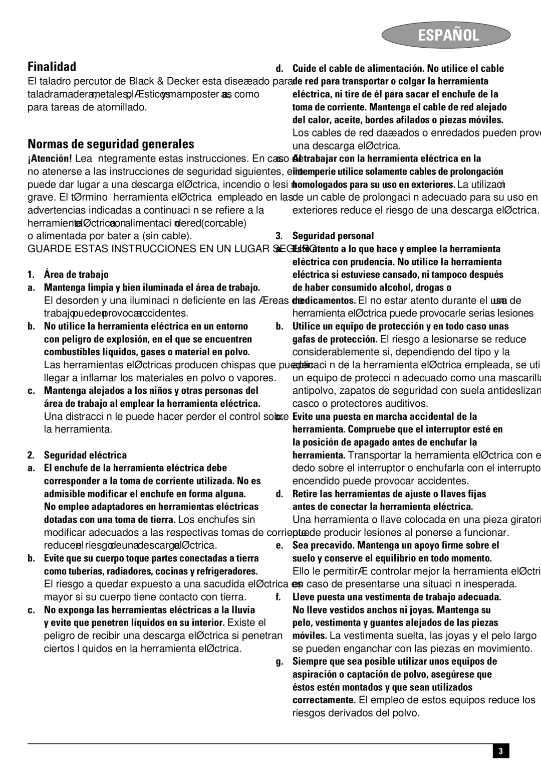 Black & Decker TM505, TM500 instruction manual Español, Finalidad, Normas de seguridad generales 