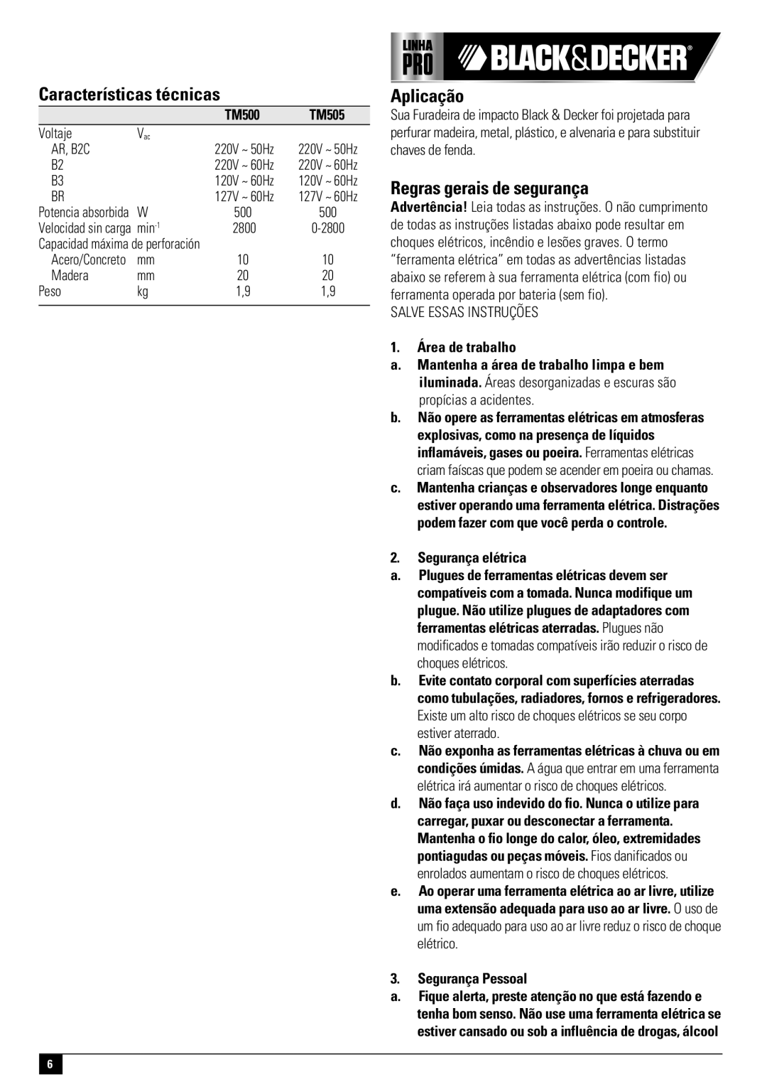 Black & Decker TM500, TM505 instruction manual Características técnicas, Aplicação, Regras gerais de segurança 