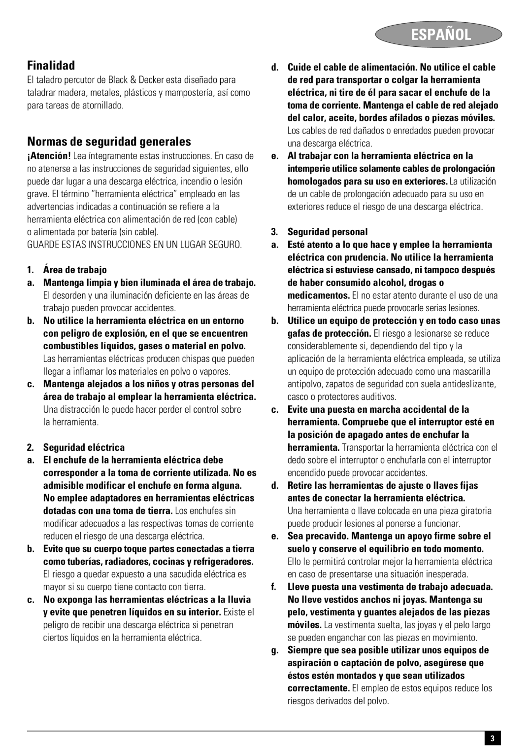 Black & Decker TM550, TM650, TM600 instruction manual Español, Finalidad, Normas de seguridad generales 