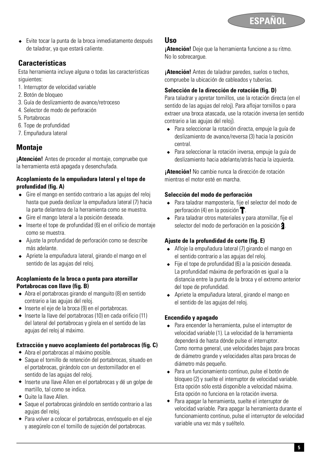 Black & Decker TM600, TM550, TM650 instruction manual Características, Montaje, Uso 