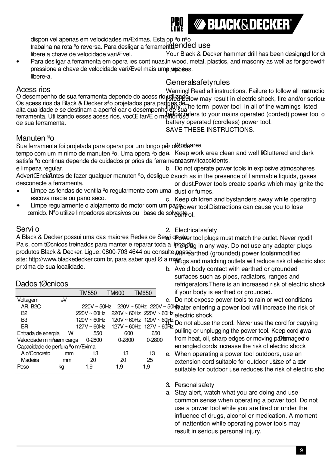 Black & Decker TM550, TM650, TM600 Acessórios, Manutenção, Serviço Dados técnicos, Intended use, General safety rules 