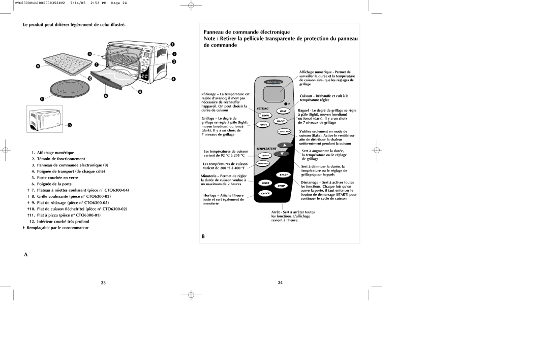 Black & Decker TO6300 Series Baguel Le degré de grillage se règle, De 7 niveaux de grillage ’utilise seulement en mode de 