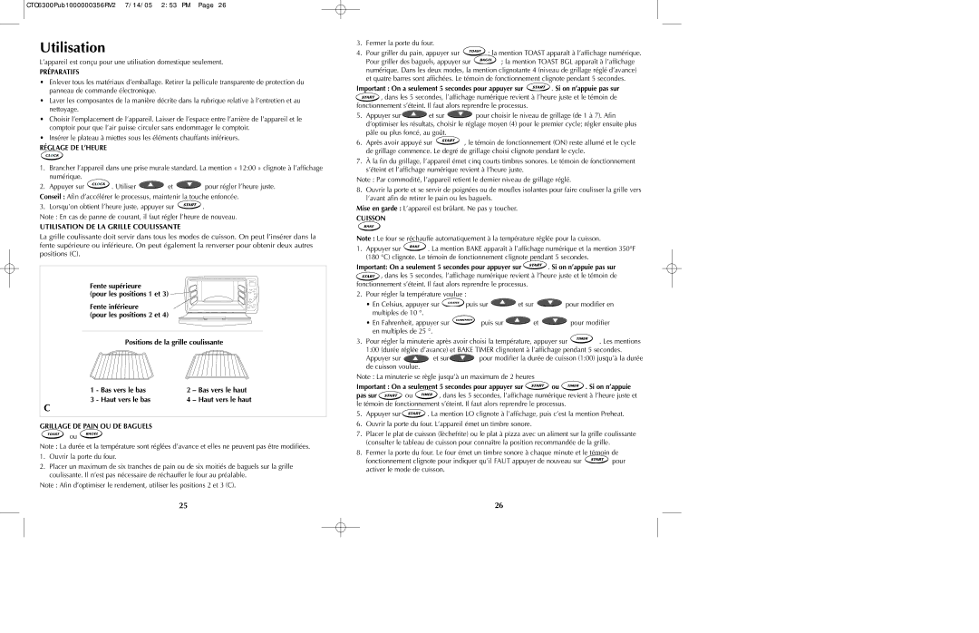 Black & Decker TO6300 Series manual Utilisation DE LA Grille Coulissante, Haut vers le bas 