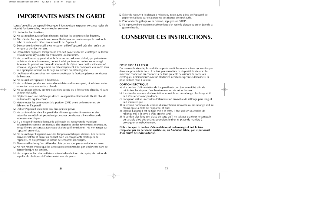 Black & Decker TO6300 Series manual Importantes Mises En Garde, Conserver Ces Instructions, Fiche Mise À La Terre 