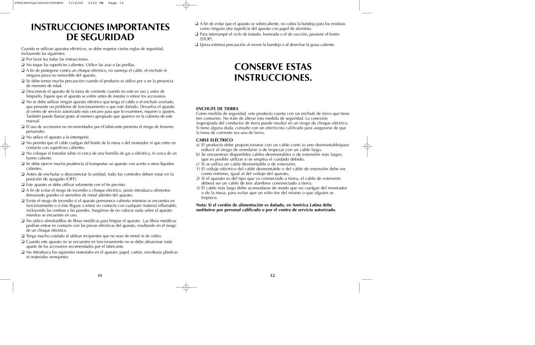 Black & Decker TO6300 Series manual Instrucciones Importantes De Seguridad, Conserve Estas Instrucciones, Enchufe De Tierra 