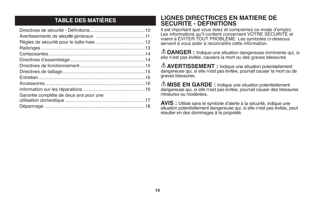 Black & Decker TR117, TR116R instruction manual Lignes Directrices EN Matiere DE Securite Definitions, Table DES Matières 