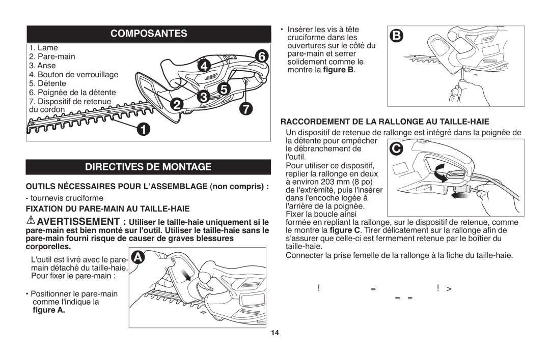 Black & Decker TR116R, TR117 Directives DE Montage, Composantes, Raccordement DE LA Rallonge AU TAILLE-HAIE 