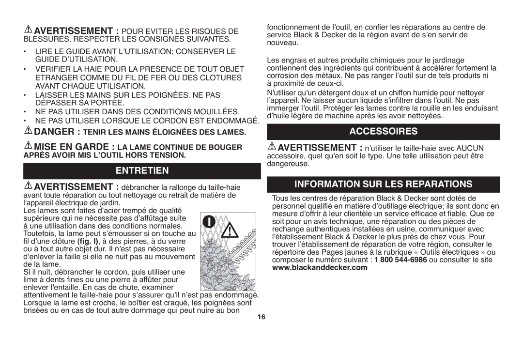 Black & Decker TR117, TR116R Entretien, Mise EN Garde LA Lame Continue DE Bouger, Après Avoir MIS LʼOUTIL Hors Tension 