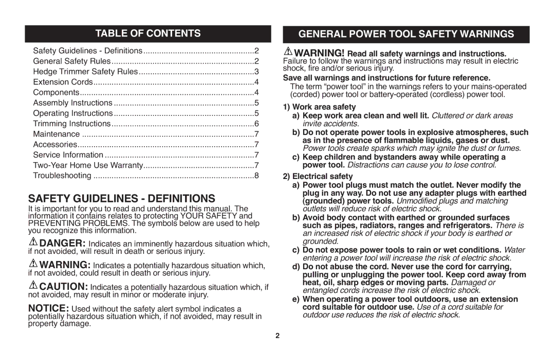 Black & Decker TR116R, TR117 instruction manual Safety Guidelines Definitions, Table of Contents 