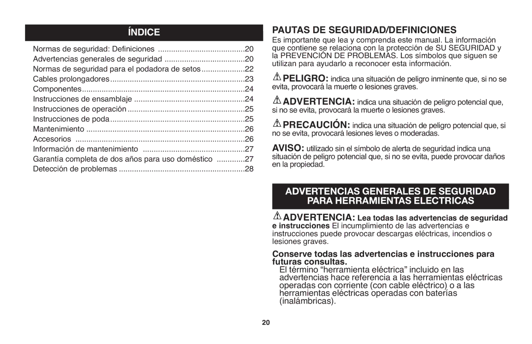 Black & Decker TR116R, TR117 instruction manual Índice, Advertencias Generales DE Seguridad 