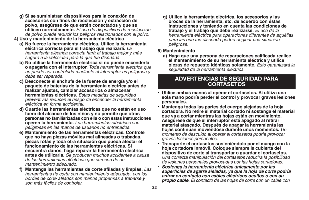 Black & Decker TR117, TR116R instruction manual Advertencias DE Seguridad Para, Cortasetos 