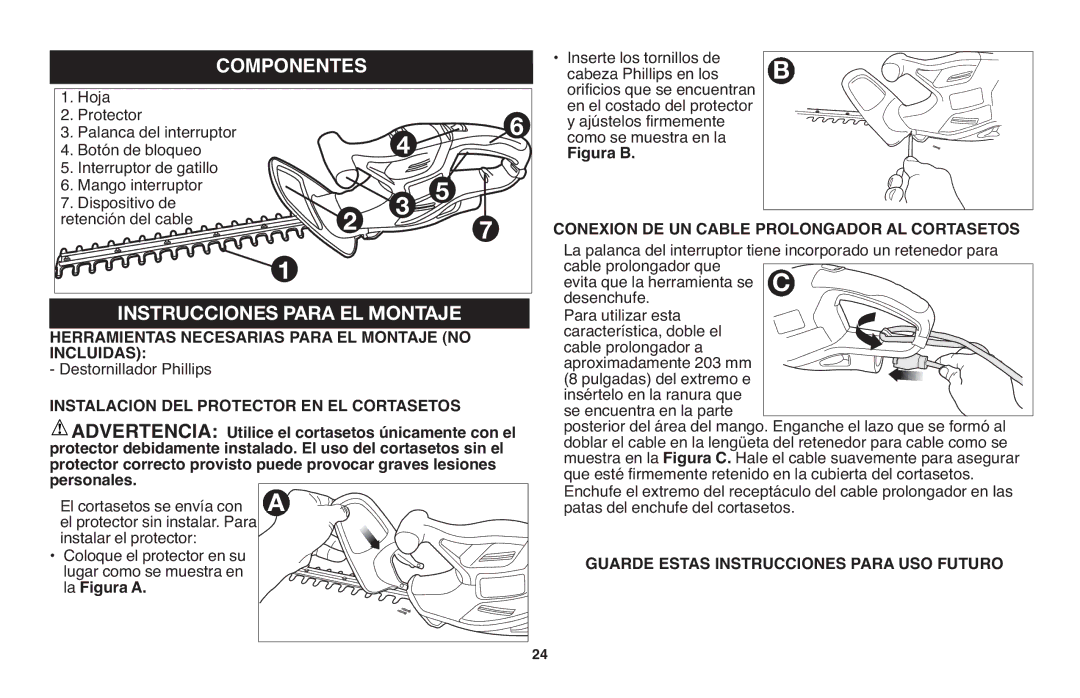 Black & Decker TR116R, TR117 instruction manual Instrucciones PAR EL Montaje, Componentes 