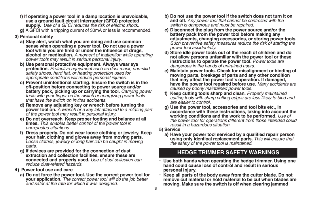 Black & Decker TR116R, TR117 instruction manual Hedge Trimmer Safety Warnings 