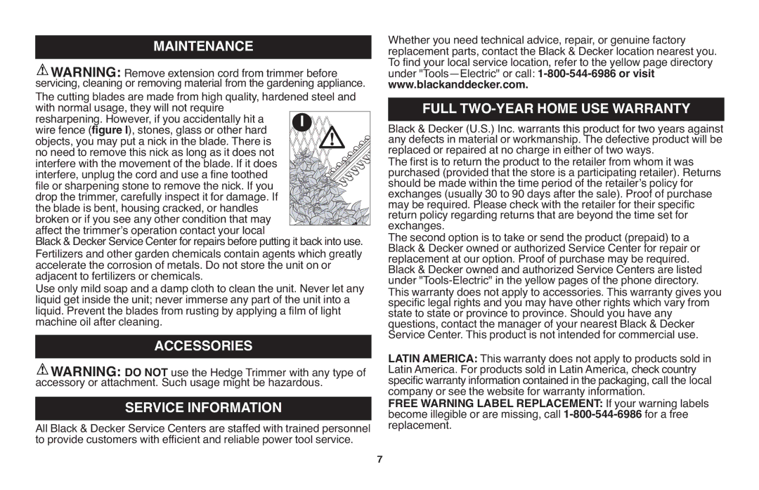 Black & Decker TR117, TR116R Full TWO-YEAR Home USE Warranty, Maintenance, Accessories, Service Information 