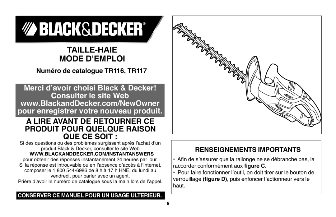 Black & Decker TR116R, TR117 instruction manual Taille-Haie, Renseignements Importants 