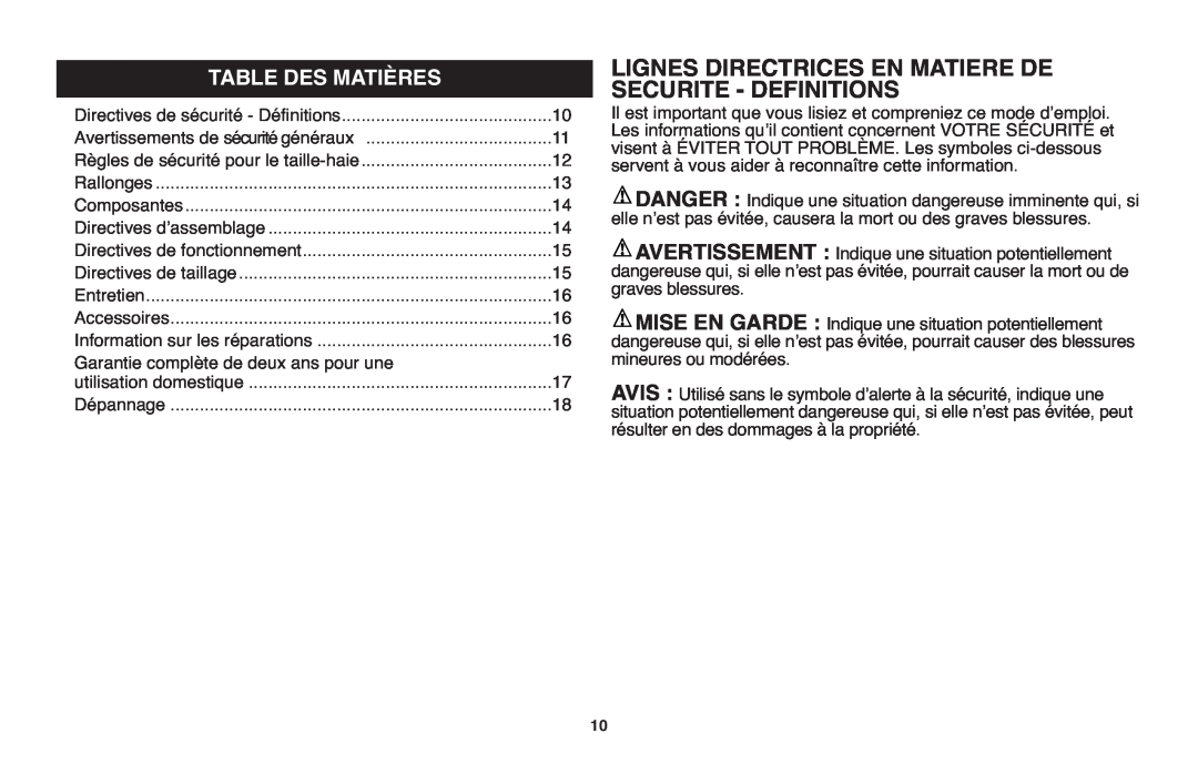 Black & Decker TR117, TR116R instruction manual Lignes Directrices En Matiere De Securite - Definitions, Table Des Matières 