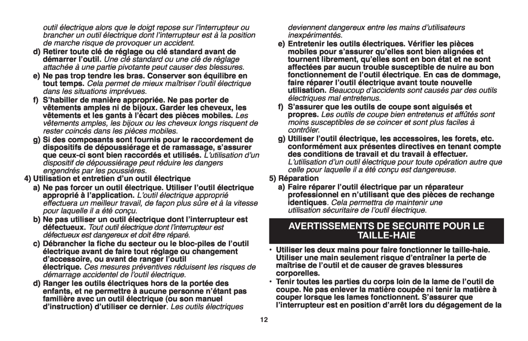 Black & Decker TR116R, TR117 instruction manual Avertissements De Securite Pour Le Taille-Haie 