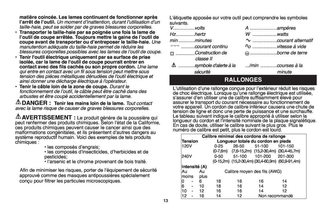 Black & Decker TR117, TR116R instruction manual Rallonges, les composés dʼinsecticides, dʼherbicides et de pesticides 