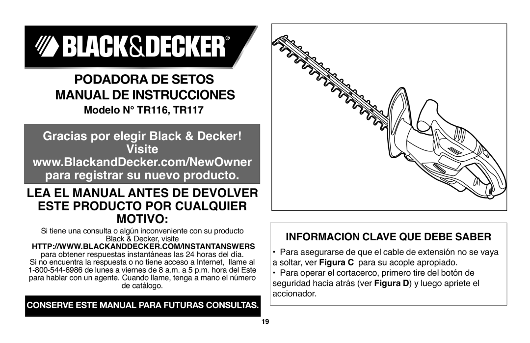 Black & Decker TR117, TR116R instruction manual Visite, para registrar su nuevo producto, Informacion Clave Que Debe Saber 