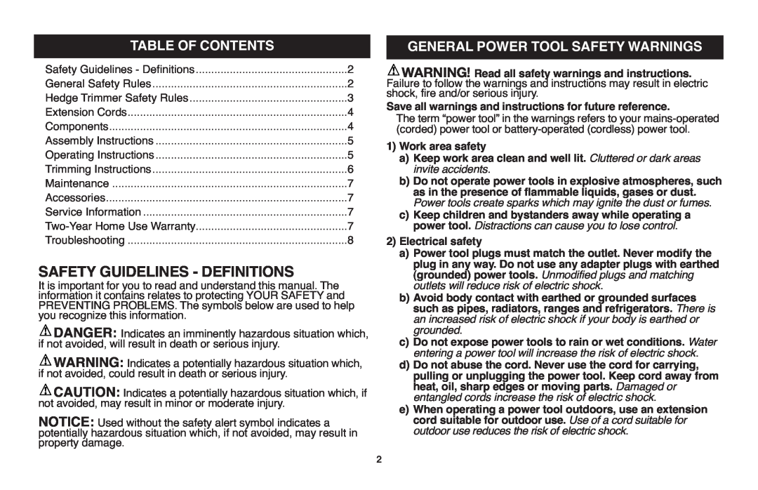 Black & Decker TR116R, TR117 instruction manual Safety Guidelines - Definitions, Table Of Contents 