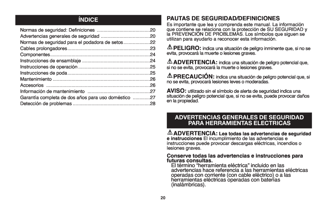 Black & Decker TR116R, TR117 Índice, Pautas De Seguridad/Definiciones, Advertencias Generales De Seguridad 
