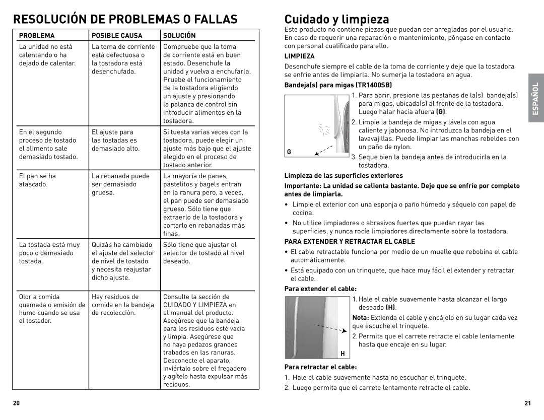 Black & Decker TR1400SB Resolución DE Problemas O Fallas, Cuidado y limpieza, Problema Posible Causa Solución, Limpieza 