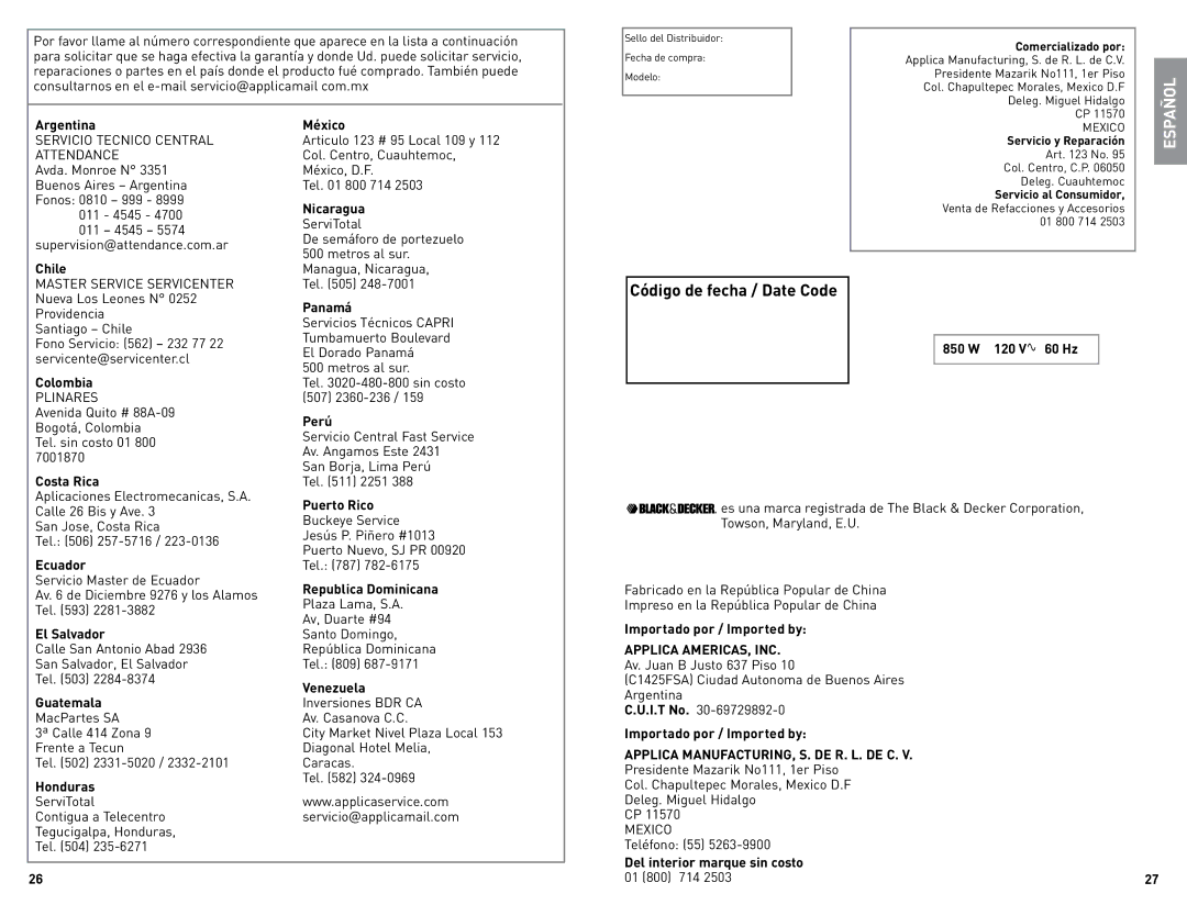 Black & Decker TR1200SB, TR1400SB manual Código de fecha / Date Code, Attendance 