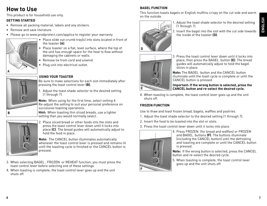 Black & Decker TR1200SB, TR1400SB manual How to Use, Getting Started, Bagel Function, Using Your Toaster, Frozen Function 