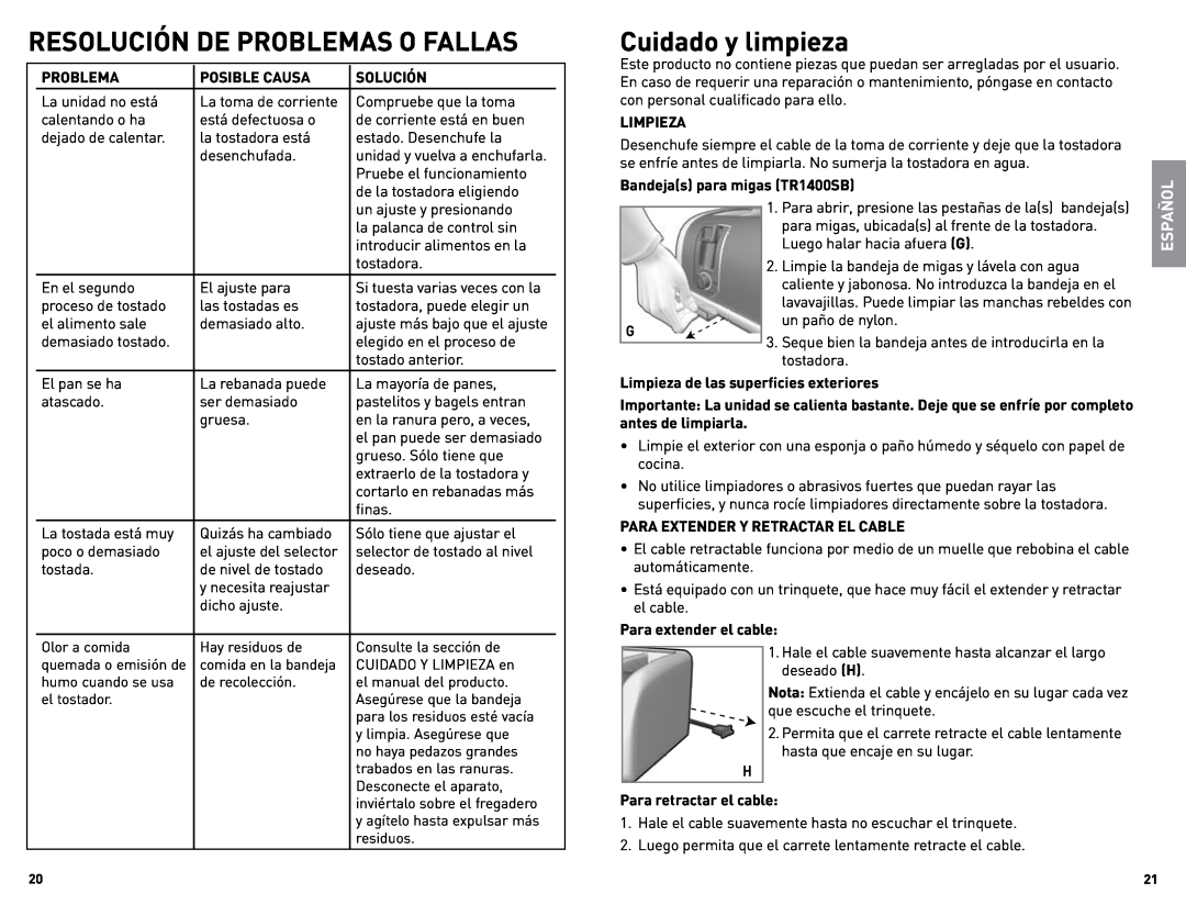 Black & Decker TR1400SB manual Resolución De Problemas O Fallas, Cuidado y limpieza, Español, unidad y vuelva a enchufarla 