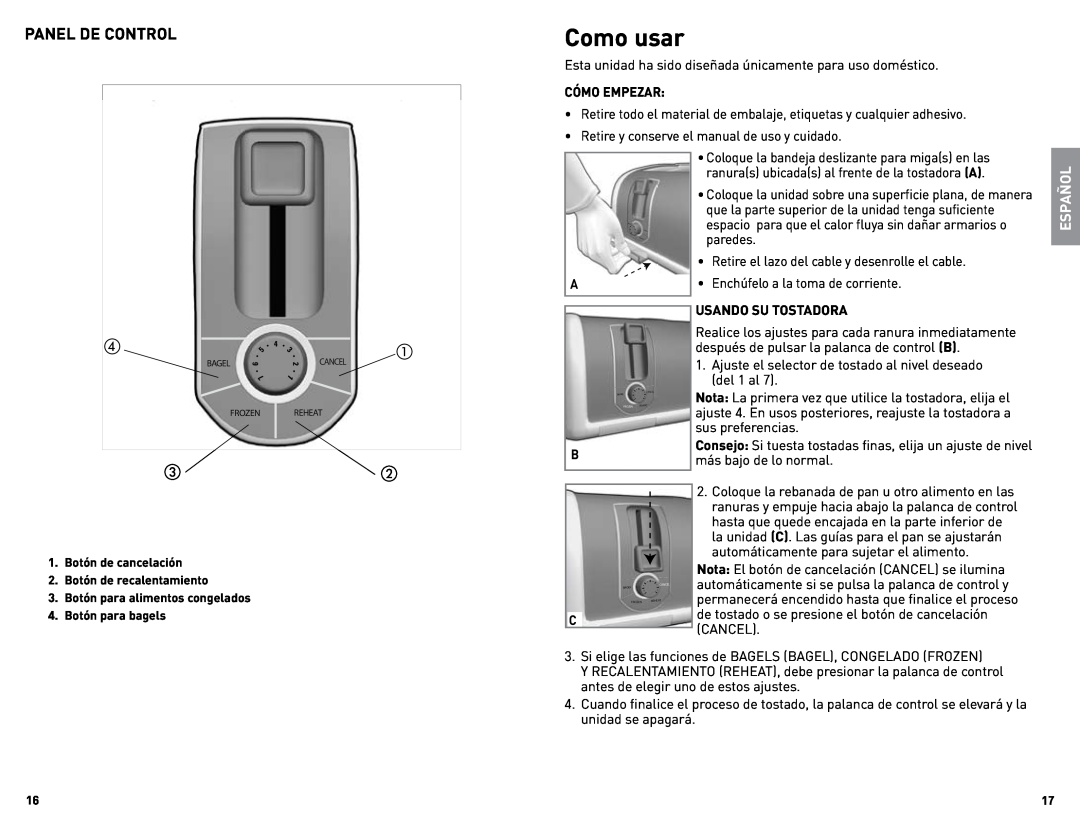 Black & Decker TR1400SB, TR1200SB manual Como usar, Panel De Control, Español 