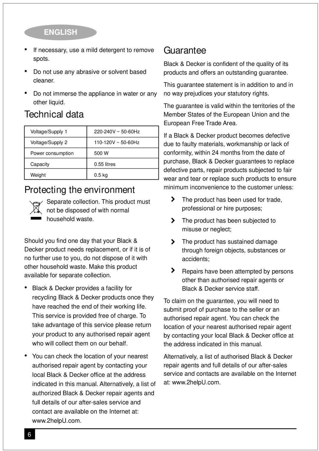 Black & Decker TR200JA manual Technical data, Protecting the environment, Guarantee 