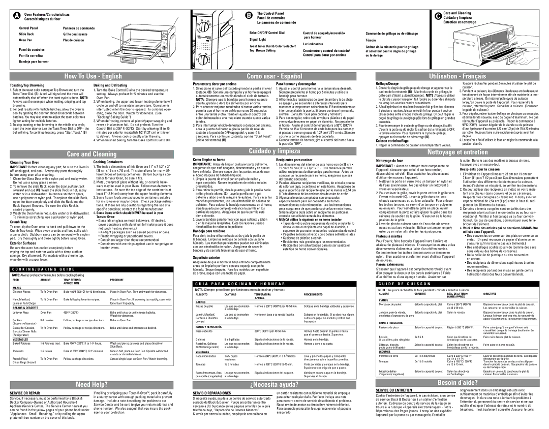 Black & Decker TR200M Oven Features/Características Caractéristiques du four, Toasting/Top Browning, Baking and Defrosting 