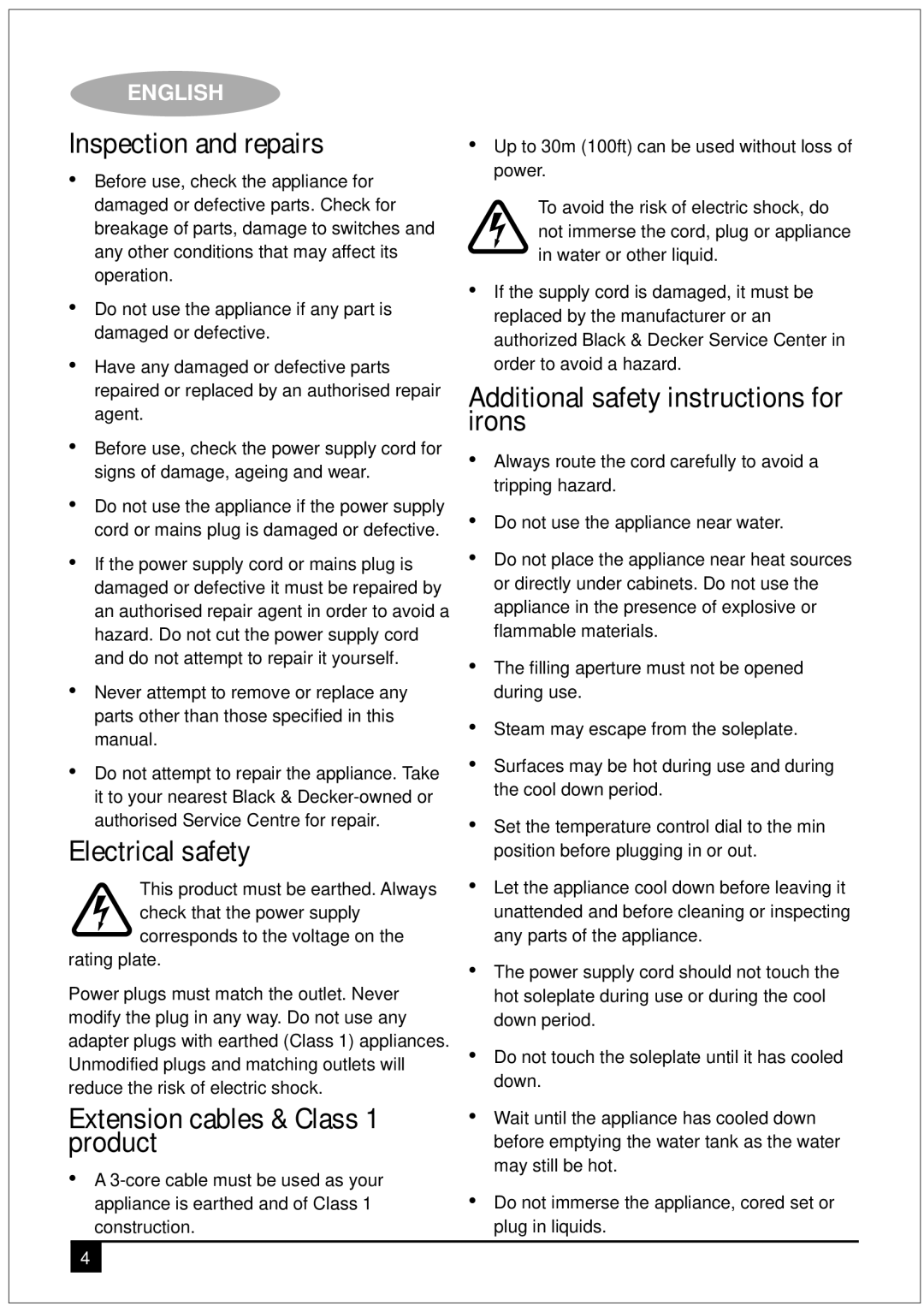 Black & Decker TR200TI manual Inspection and repairs, Electrical safety, Extension cables & Class 1 product 