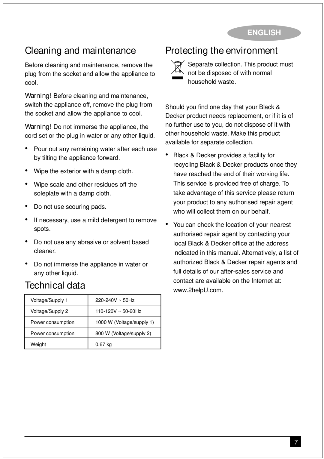 Black & Decker TR200TI manual Cleaning and maintenance, Technical data, Protecting the environment 