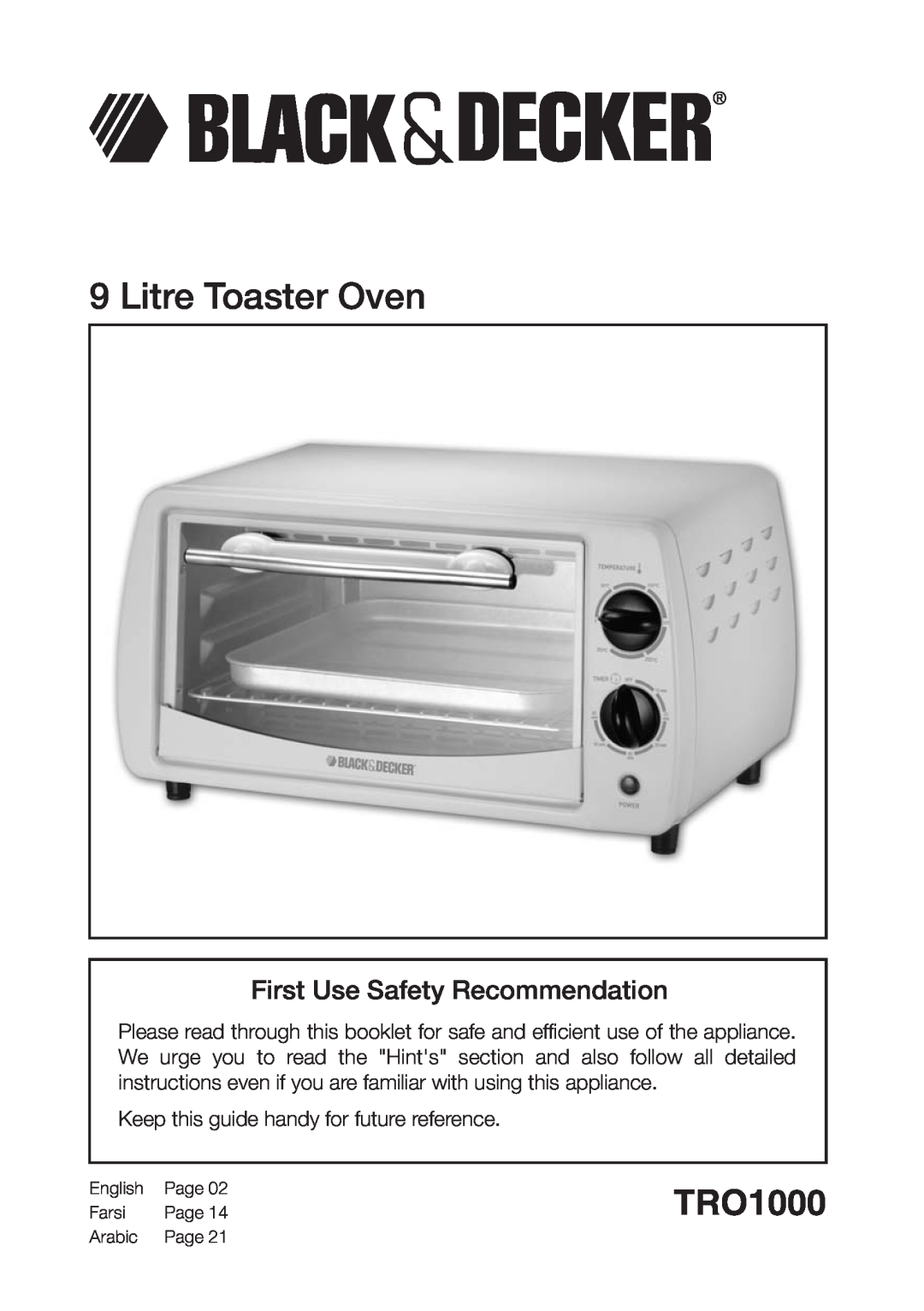Black & Decker TRO1000 manual First Use Safety Recommendation, Litre Toaster Oven 