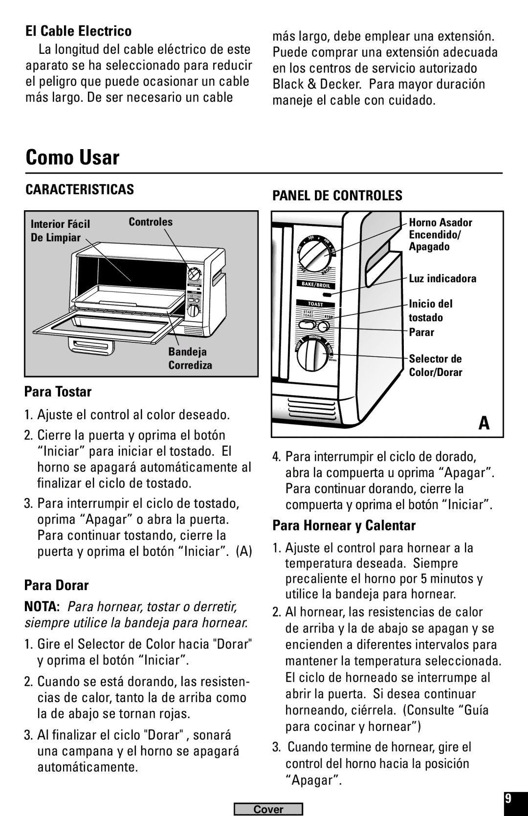 Black & Decker TRO520, TRO220 manual Como Usar, El Cable Electrico, Para Tostar, Para Hornear y Calentar, Para Dorar 