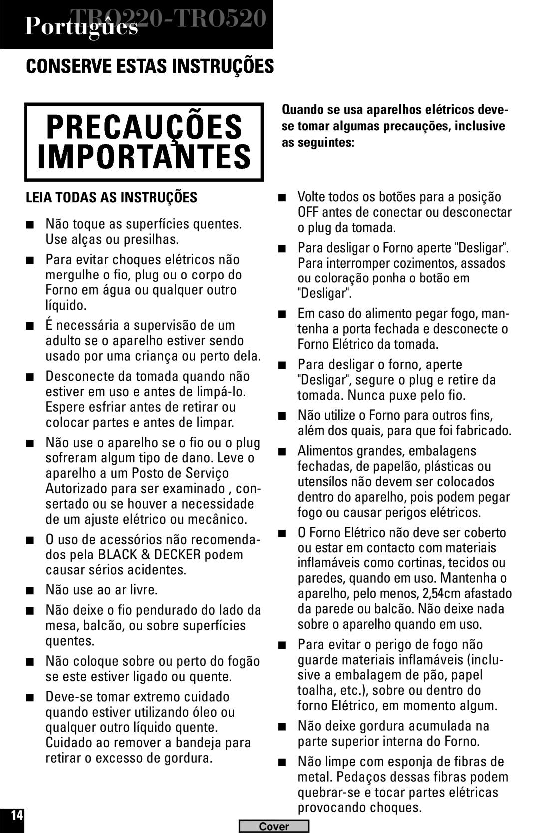 Black & Decker TRO220, TRO520 manual Portugûes, Conserve Estas Instruções, Leia Todas As Instruções, Importantes, Precauções 