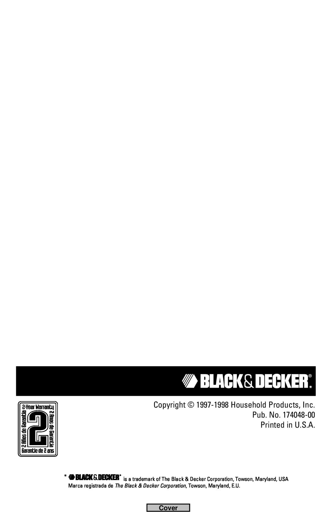 Black & Decker TRO220, TRO520 manual Copyright 1997-1998 Household Products, Inc Pub. No Printed in U.S.A, Cover 