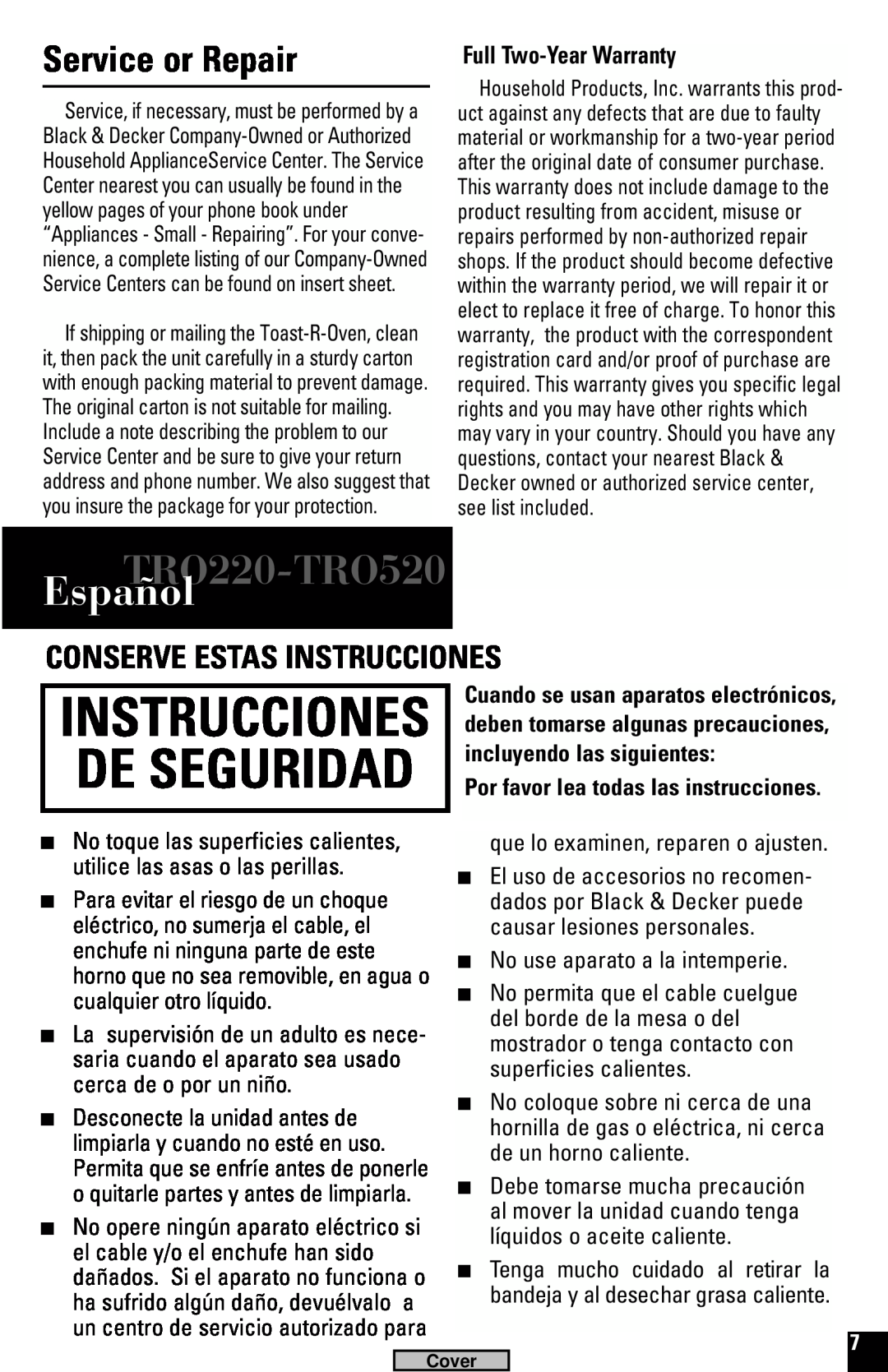 Black & Decker manual Español, Service or Repair, Conserve Estas Instrucciones, Full Two-Year Warranty, TRO220-TRO520 