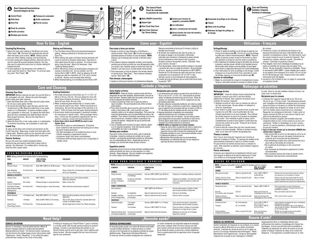 Black & Decker TR0200 Oven Features/Características Caractéristiques du four, Toasting/Top Browning, Baking and Defrosting 