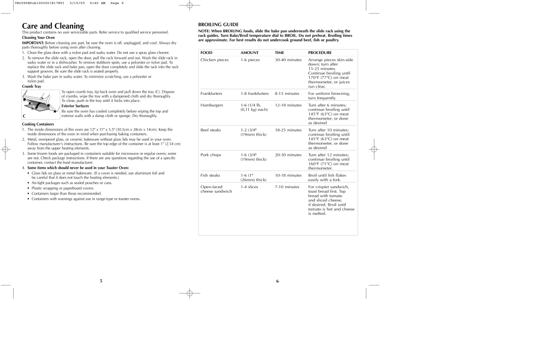 Black & Decker TRO390 Series manual Care and Cleaning, Broiling Guide 