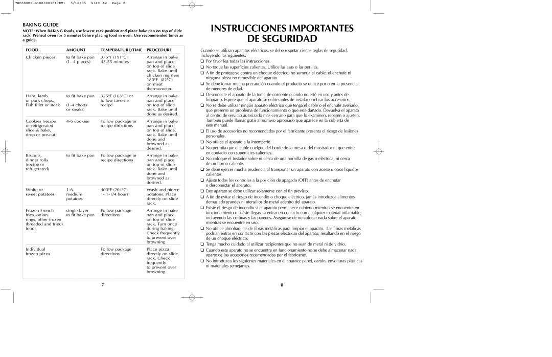 Black & Decker TRO390 Series Instrucciones Importantes DE Seguridad, Baking Guide, Food Amount TEMPERATURE/TIME Procedure 