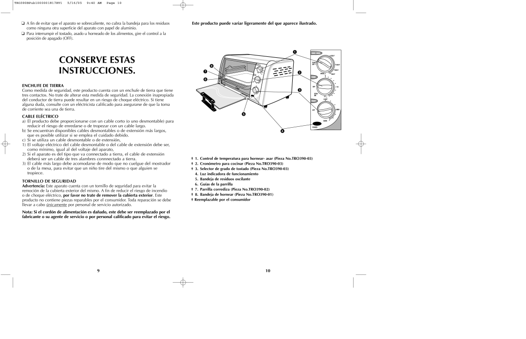 Black & Decker TRO390 Series manual Conserve Estas Instrucciones, Enchufe DE Tierra, Cable Eléctrico 