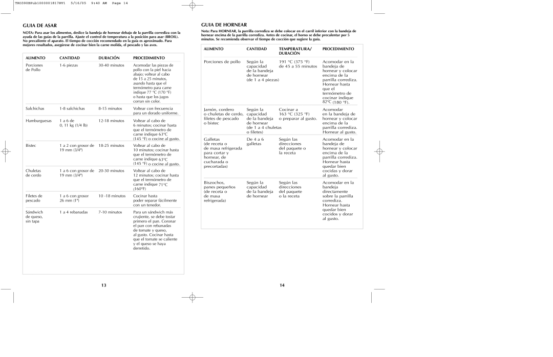 Black & Decker TRO390 Series manual Guia DE Asar, Guia DE Hornear, Temperatura, Alimento Cantidad Duración Procedimiento 